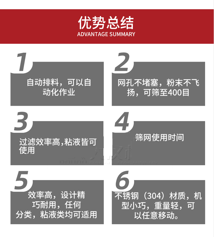 過濾篩優勢總結：1，自動排料，可以自動化作用。2，網孔不堵塞，粉塵不飛揚，可篩至400目。3，過濾效率高，任何粒，粉，粘液也可使用。4，篩網設計大大提高了篩網使用時間，也魏換網提高了方便。5，效率高，設計精巧耐用，任何分類設計精巧耐用，任何分類，粘液類均可適用。6，不銹鋼材質機型小巧，重量輕，可以任意移動。