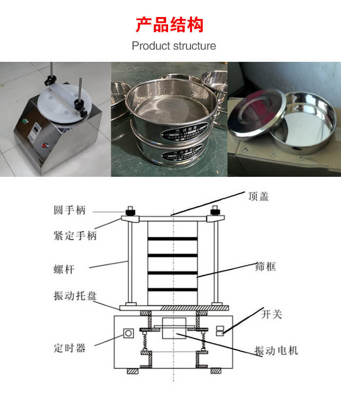 實驗室振動篩-試驗篩結構主要由：圓手柄，緊定手柄，螺桿，振動托盤，篩框，頂蓋等。